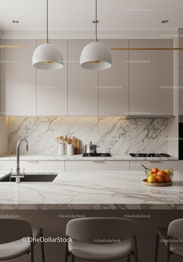 Contemporary White Kitchen with Marble Backsplash and Pendant Lighting