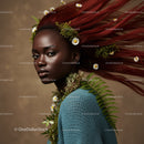 Elegant Portrait of a Woman with Flowing Red Hair and Botanical Accessories
