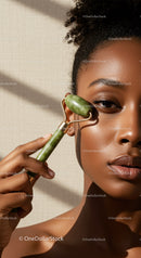 Elegant African Woman Using Jade Roller for Facial Skin Care
