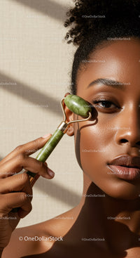 Elegant African Woman Using Jade Roller for Facial Skin Care