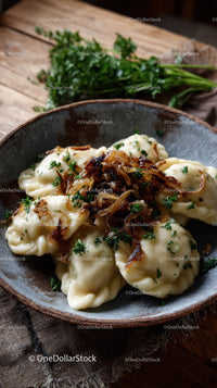 Japanese Gyoza Dumplings with Crispy Edges and Green Garnish