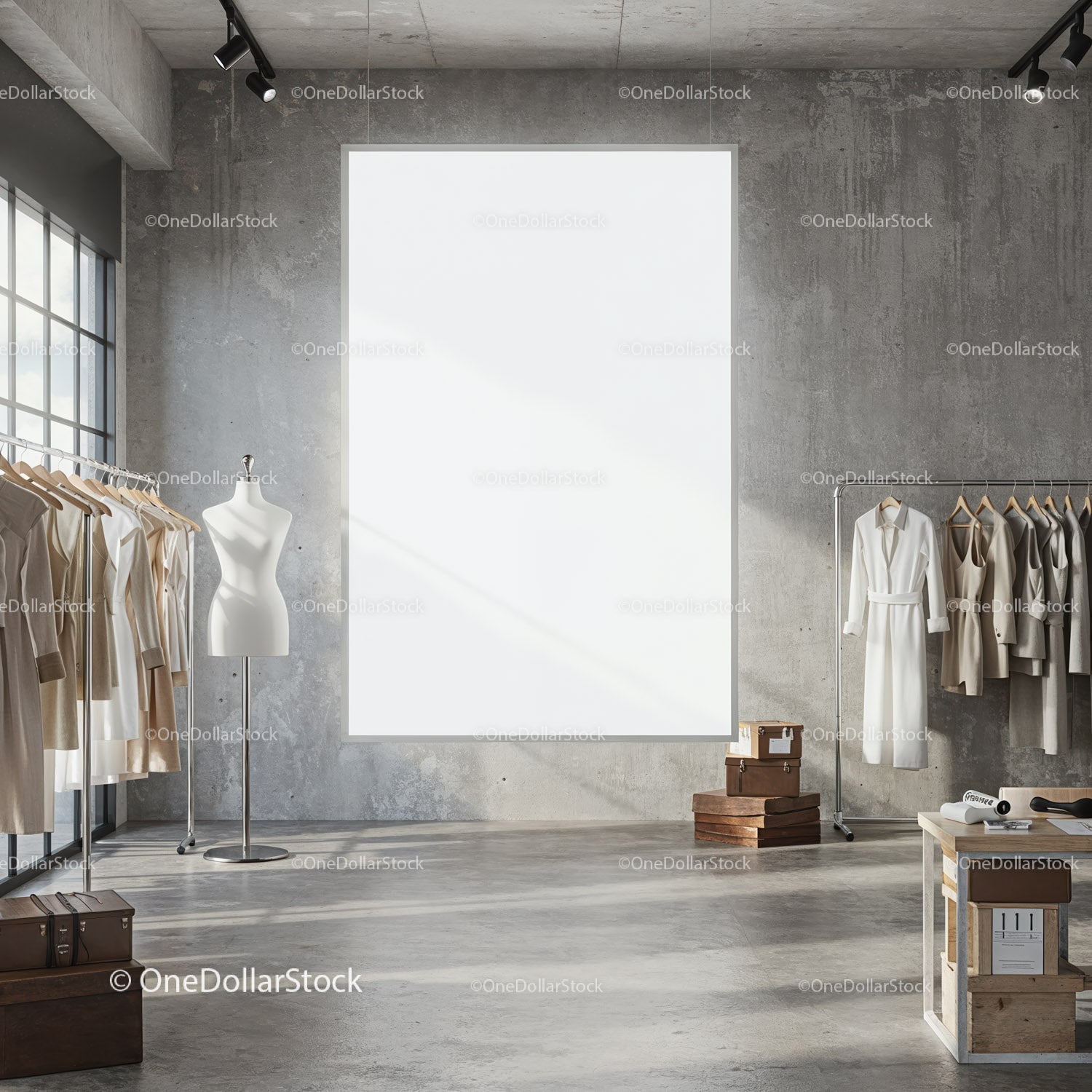 Minimalist fashion showroom with elegant clothing display