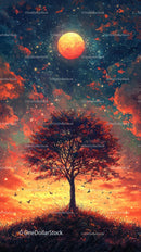 Beautiful Autumn Forest with Vibrant Sunset and Glowing Full Moon