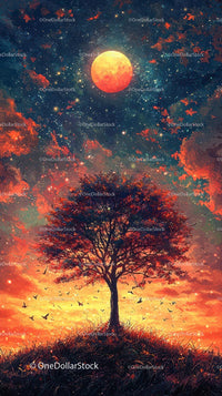 Beautiful Autumn Forest with Vibrant Sunset and Glowing Full Moon