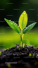 Fresh Green Seedling with Dew Drops in Natural Soil Landscape