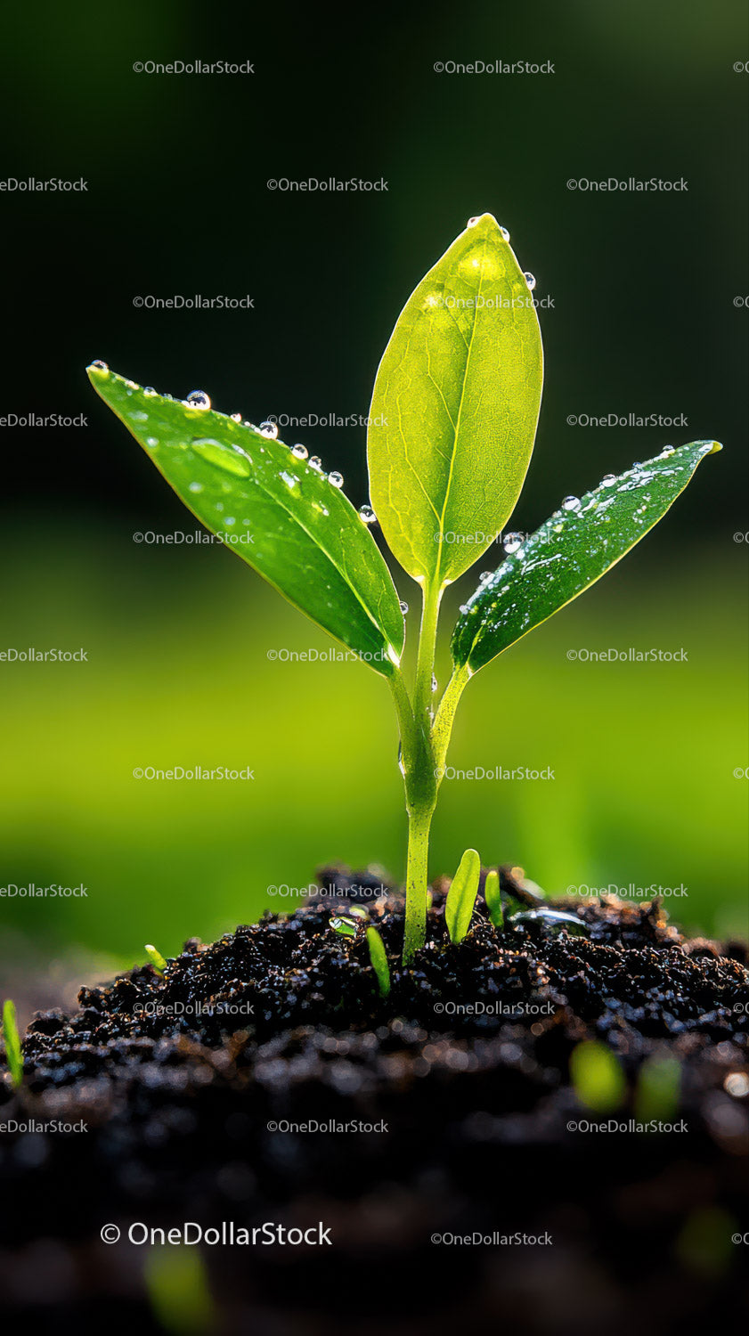 Fresh Green Seedling with Dew Drops in Natural Soil Landscape