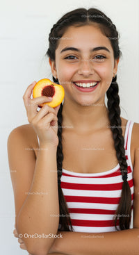 Young Girl Smiling Holding Peach in Bright Casual Setting