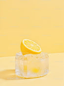 Fresh lemon half resting on large melting ice cube