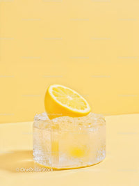 Fresh lemon half resting on large melting ice cube