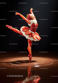 Creative strawberry ballerina dancing on chocolate surface