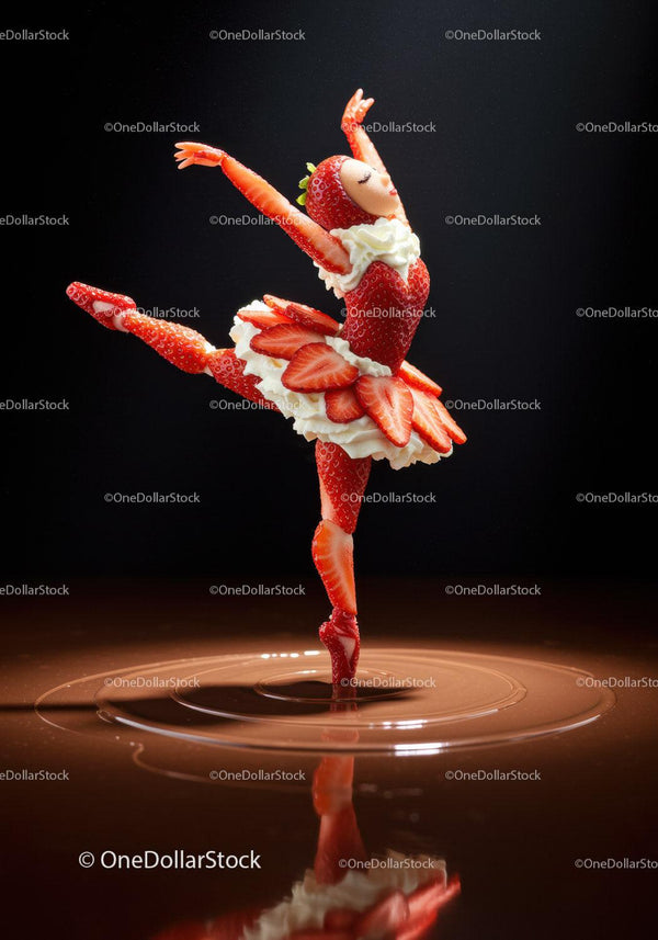 Creative strawberry ballerina dancing on chocolate surface