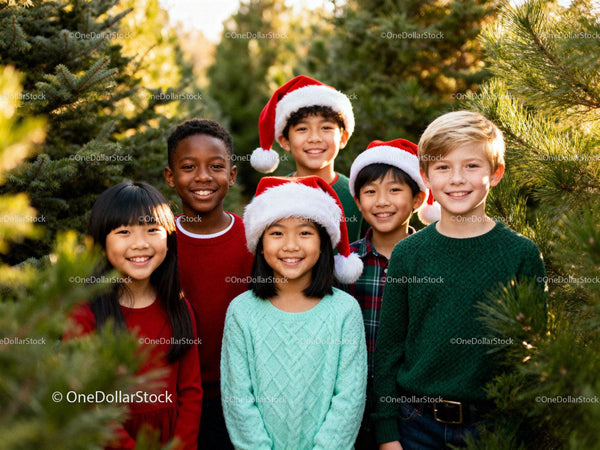 Group of happy children wearing Santa hats in pine forest