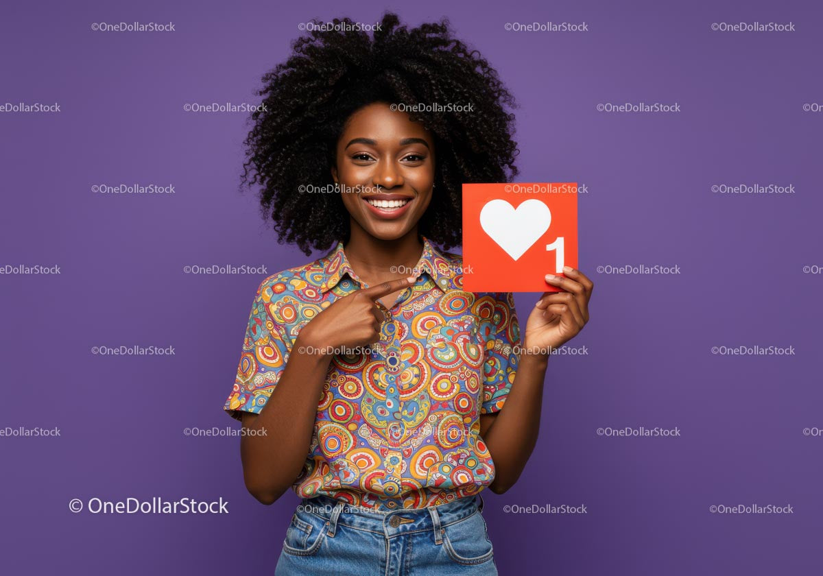 Vibrant Young Woman Holding Like Icon in Bright Casual Outfit