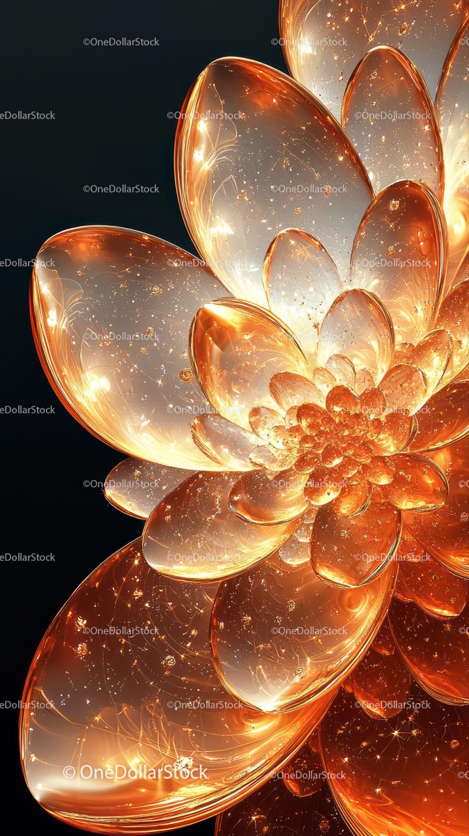 Abstract Glass Flower Sculpture with Golden Glowing Petals