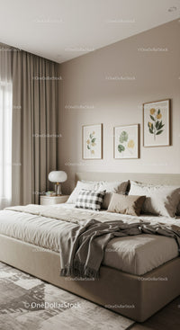 Modern Cozy Bedroom with Neutral Decor and Botanical Wall Art