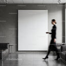 Blurred woman walking in minimalist modern lobby space