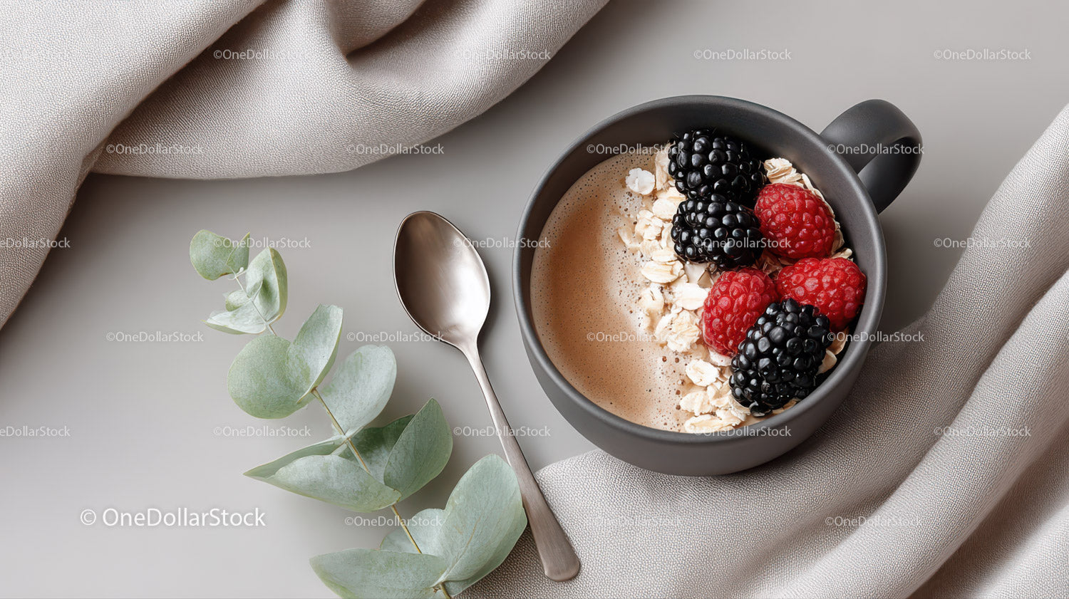 Fruit Topping on Coffee Smoothie Bowl in Ceramic Mug