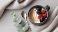 Fruit Topping on Coffee Smoothie Bowl in Ceramic Mug