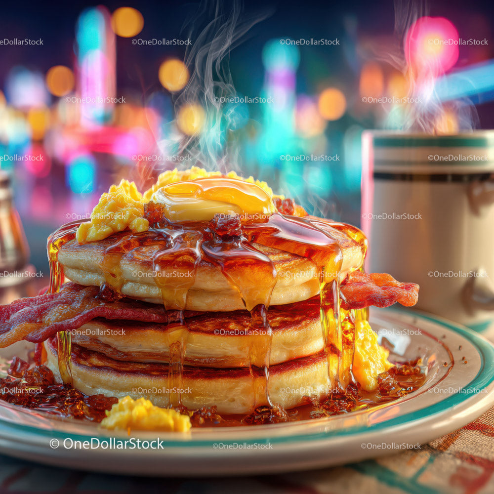 Sweet Breakfast Stack with Eggs Bacon and Maple Syrup