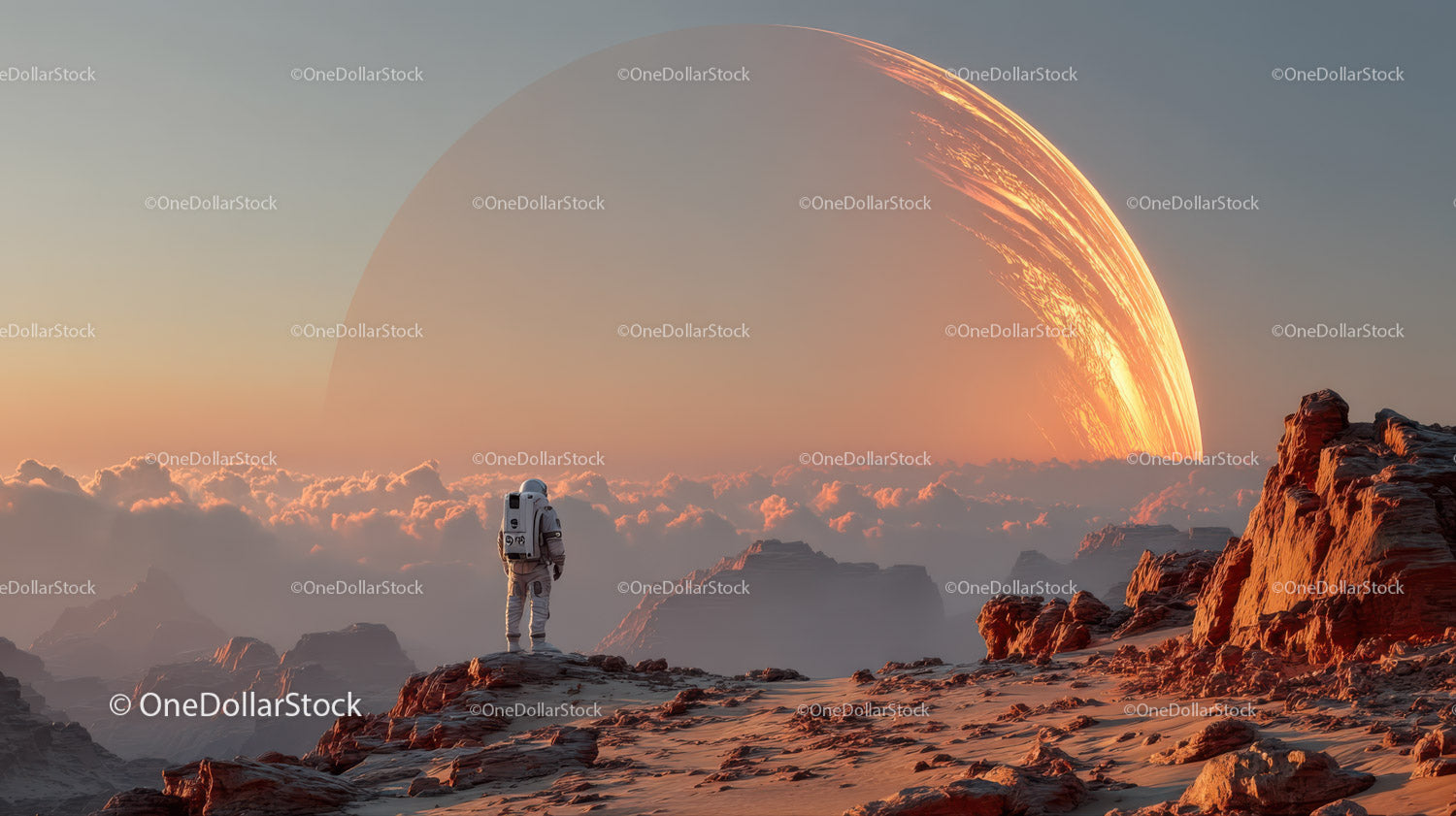 Astronaut Exploring a Surreal Alien Landscape with a Giant Orange Planet