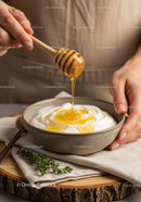 Yogurt with Honey Drizzle Close-up in Rustic Kitchen