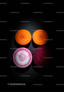 Sliced colorful root vegetables on dark surface
