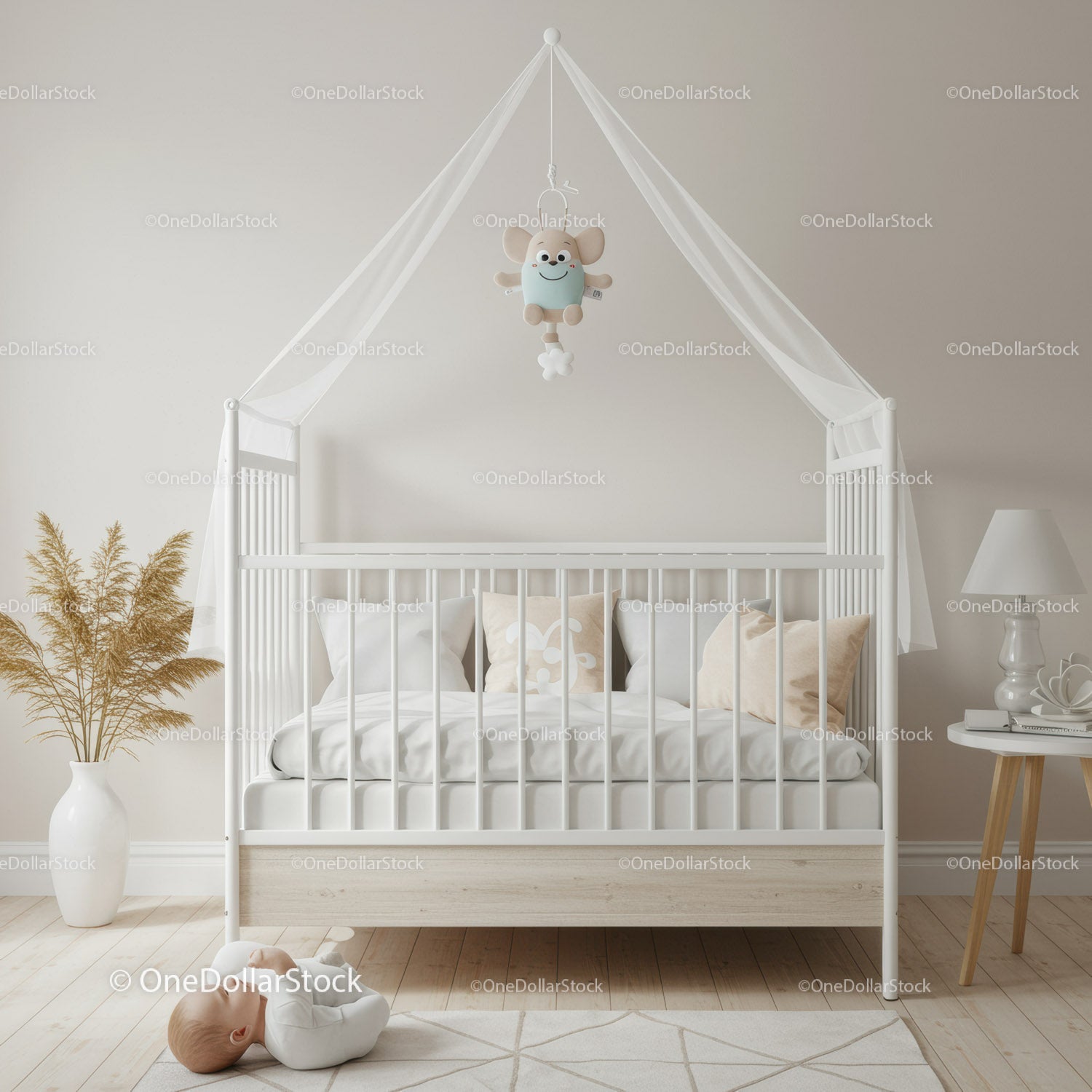 Modern White Baby Crib in Cozy Nursery with Toy Mobile