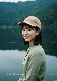 Portrait of a Smiling Young Woman in Casual Outfit by the Lake
