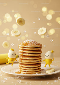 Stack of pancakes with honey and playful banana slices