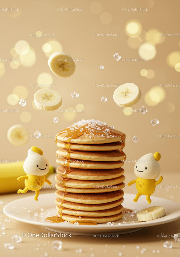 Stack of pancakes with honey and playful banana slices