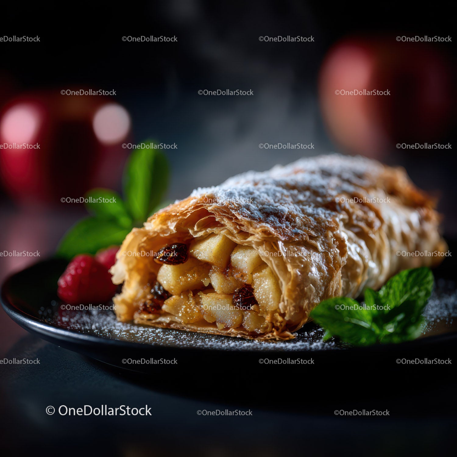 Pyszny strudel jabłkowy z cukrem pudrem i świeżymi jagodami