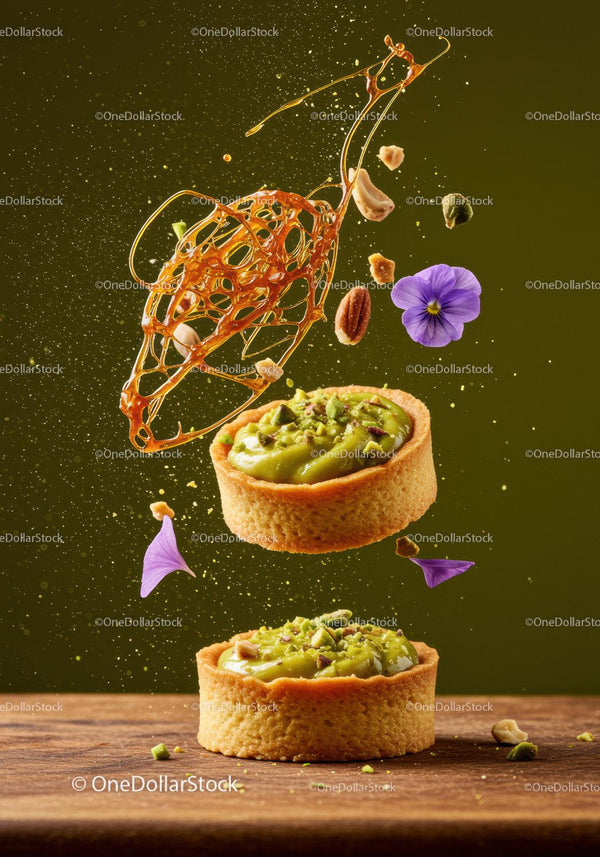 Delicate pistachio tartlets with caramel art and flowers