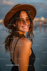 Smiling Woman in a Hat with Sunglasses at the Beach During Sunset