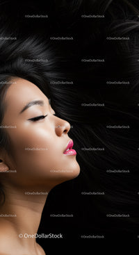 Profile of woman with flowing black hair and pink lips