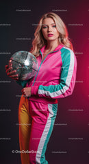 Young Woman in Colorful Tracksuit Holding Disco Ball for Party Scene
