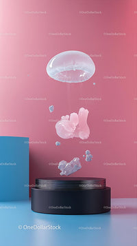 Futuristic Transparent Liquid Orb in Midair Against Pink Background