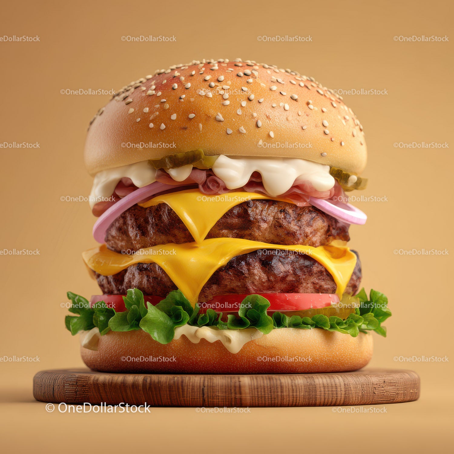 Podwójny cheeseburger z sałatą i pomidorami na drewnianej desce