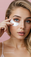 Young Woman with Blue Eyes Applying Under-Eye Patch for Skincare