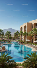Luxury Resort with Swimming Pool and Palm Trees Under Clear Blue Sky