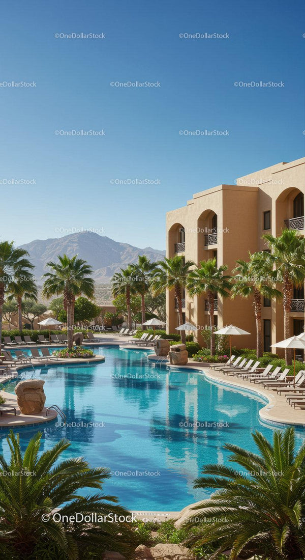 Luxury Resort with Swimming Pool and Palm Trees Under Clear Blue Sky