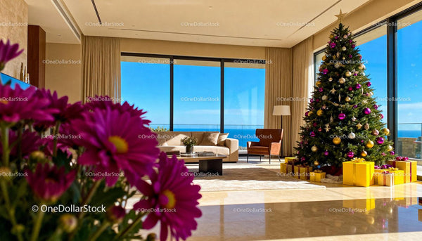 Bright Modern Living Room with Decorated Christmas Tree
