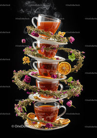 Stack of Hot Herbal Tea Cups with Dried Flowers and Citrus