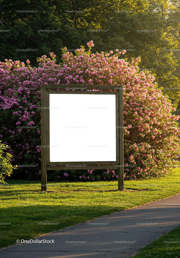 Wooden signboard with blooming pink flowers in park JPG Mockup Image