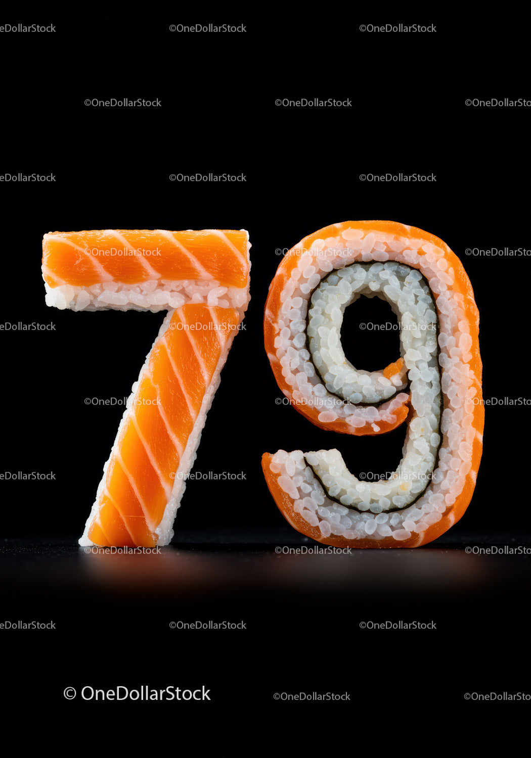 Numbers 7 and 9 made of fresh salmon sushi rolls