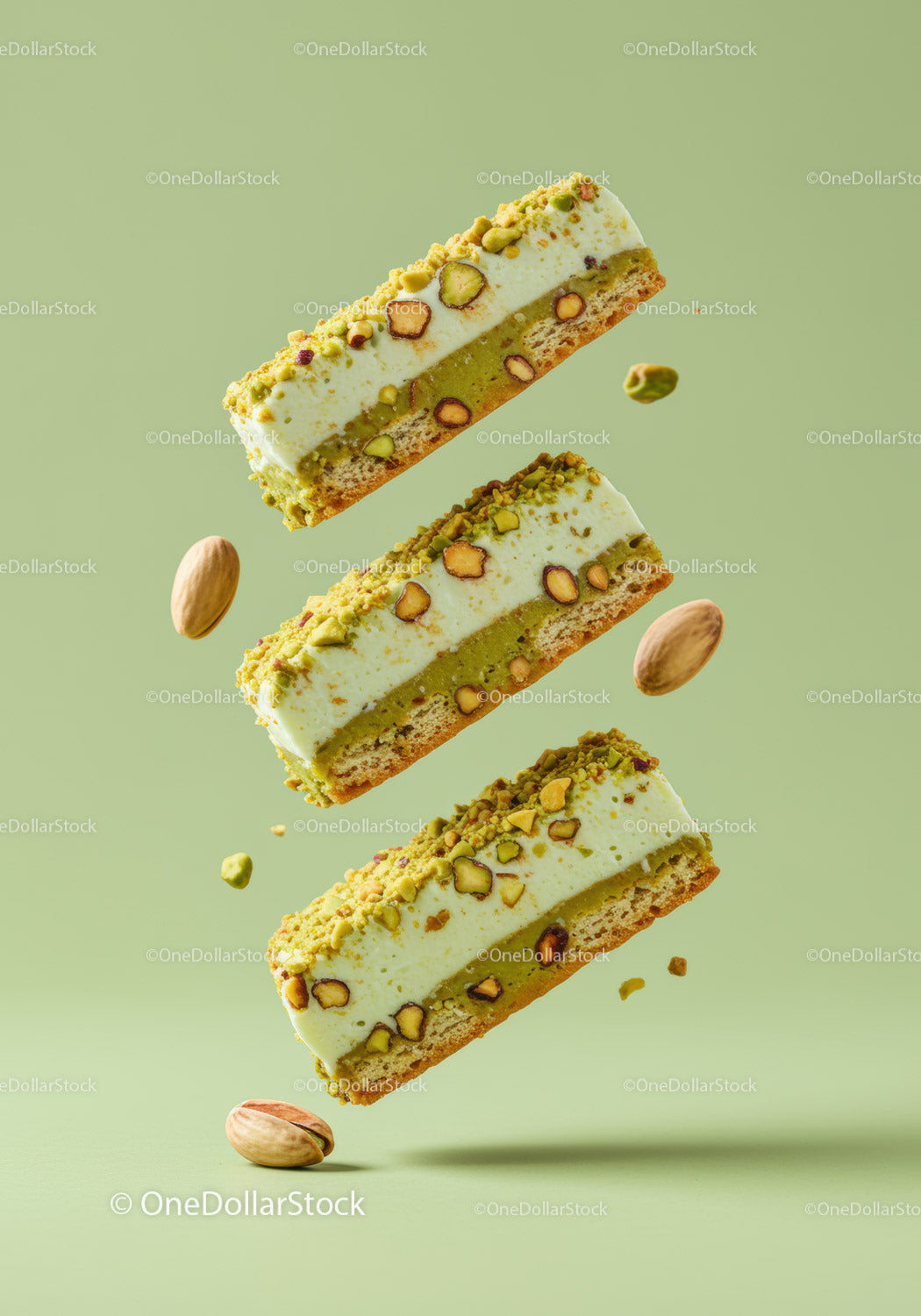 Deserowe batony z warstwami pistacji i orzechów na zielonym tle