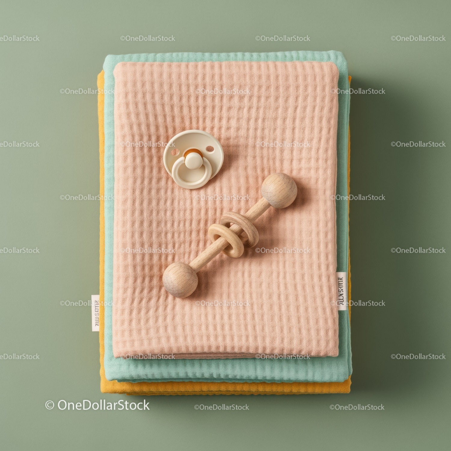 Stack of pastel baby blankets with wooden rattle and pacifier