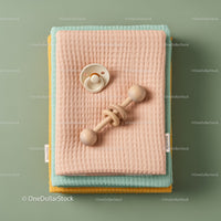 Stack of pastel baby blankets with wooden rattle and pacifier