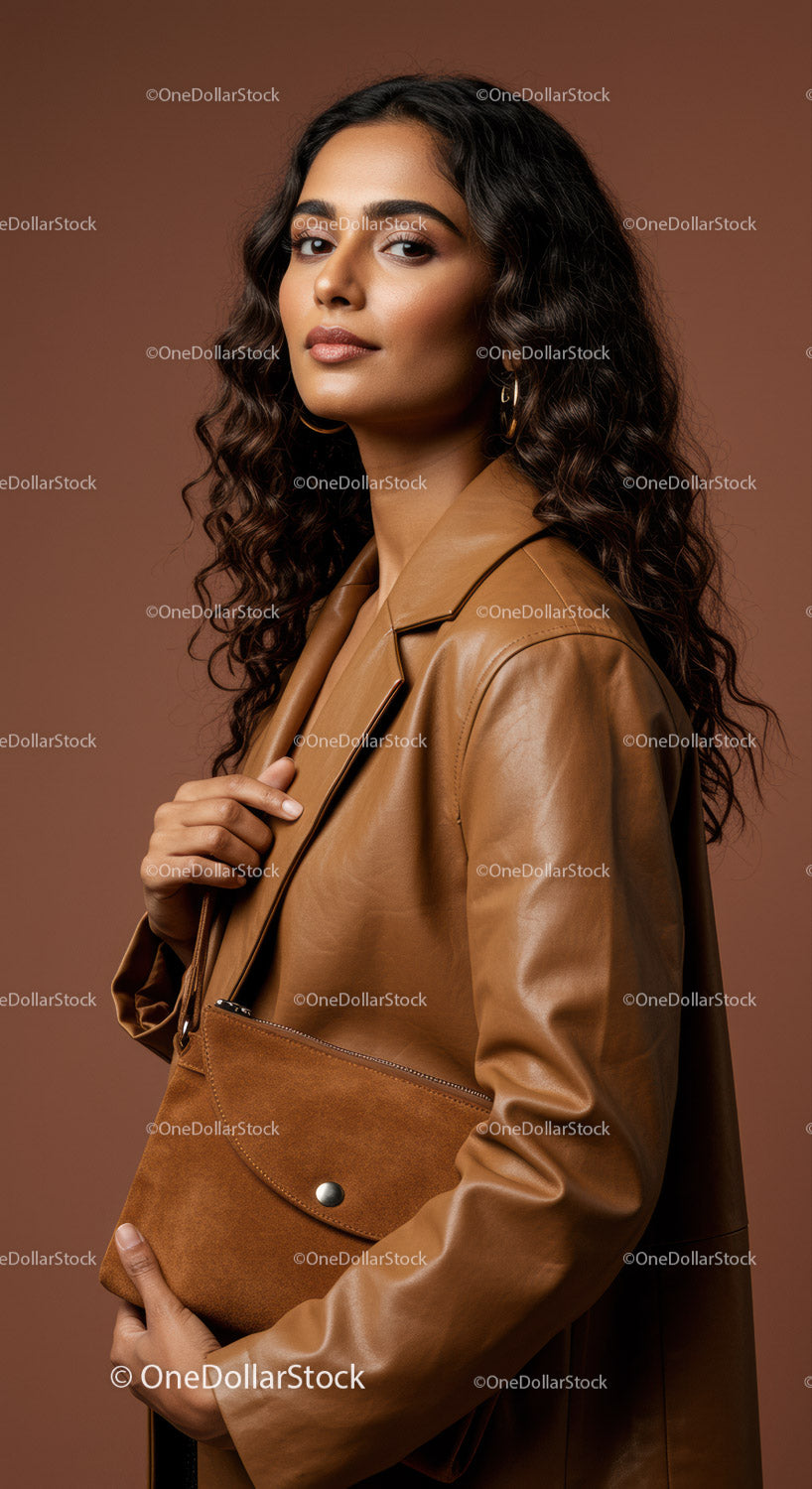 Confident Woman in Stylish Brown Leather Jacket Holding Clutch
