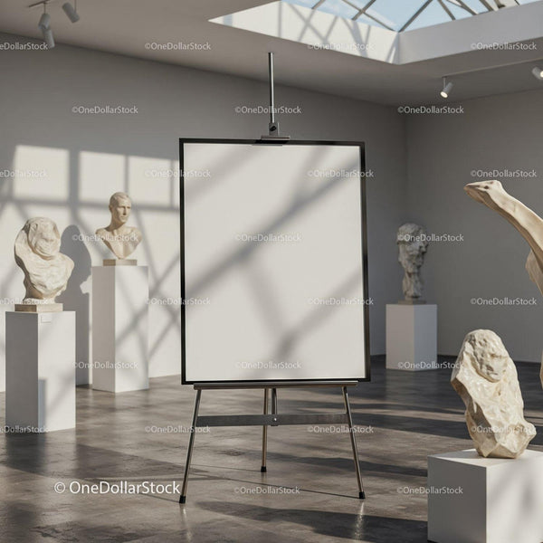 Blank canvas on easel in modern art gallery room JPG Mockup Image