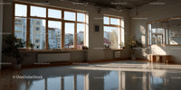 Bright Minimalist Room with Large Windows and City View